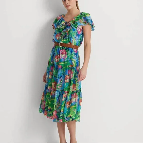 Lauren Ralph Lauren Black Label Georgette Tiered Dress Tropical Size 6 Petite - Picture 2 of 9